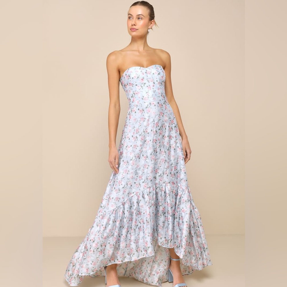Lulus Gorgeous Desire Light Blue Floral Strapless High-Low Maxi Dress